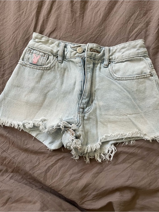 PLAYBOY Pants - PLAYBOY Light Blue Distressed Denim Shorts with Pink Bunny Patch